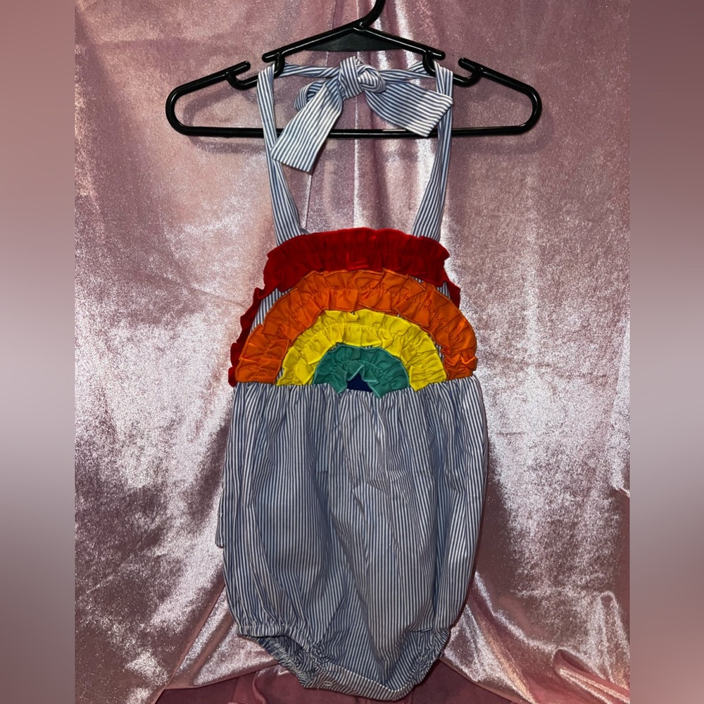 Rainbow, ruffle halter top onesie.